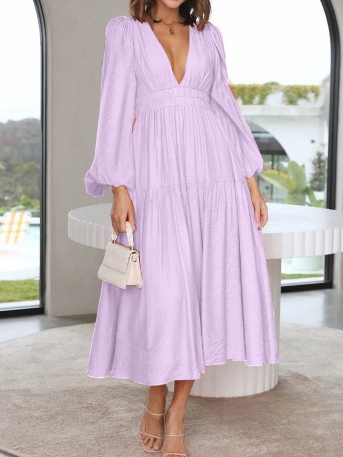 Deep V-Neck Balloon Sleeve Plain Maxi Dress-Angel Casuals