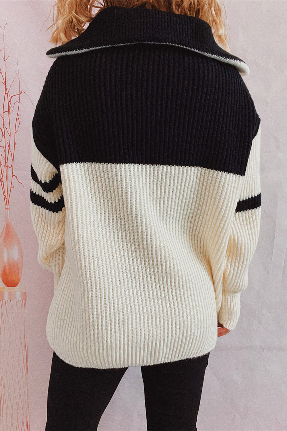 Quarter Zip Striped Dropped Shoulder Sweater-Angel Casuals