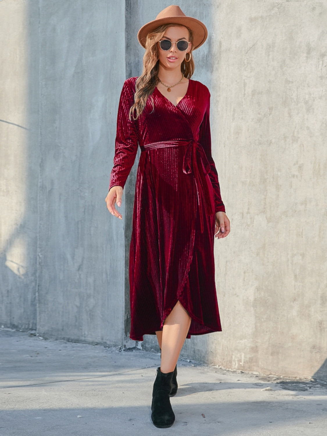 Tie Front Long Sleeve Slit Dress-Angel Casuals