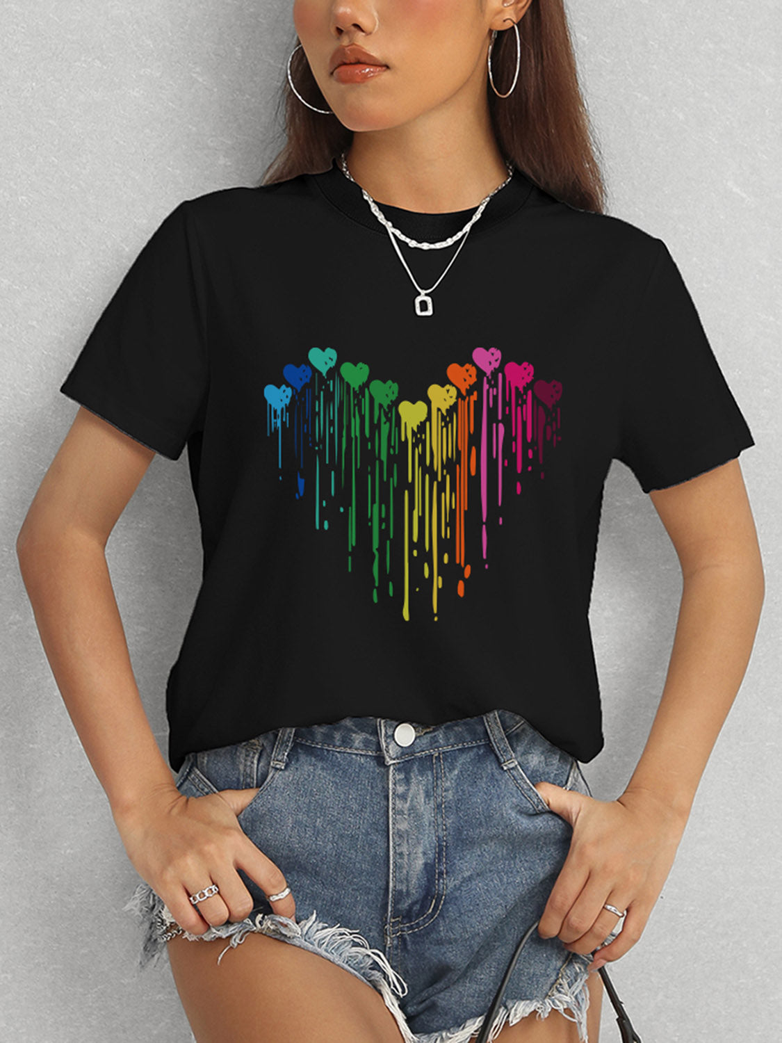 Heart Round Neck Short Sleeve T-Shirt-Angel Casuals