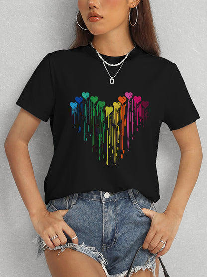 Heart Round Neck Short Sleeve T-Shirt-Angel Casuals