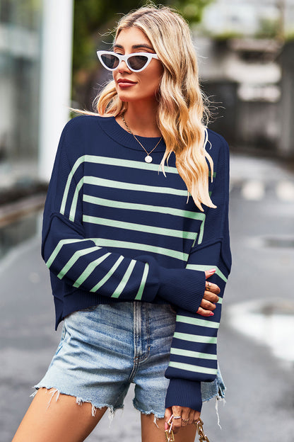 Striped Round Neck Drop Shoulder Slit Sweater-Angel Casuals