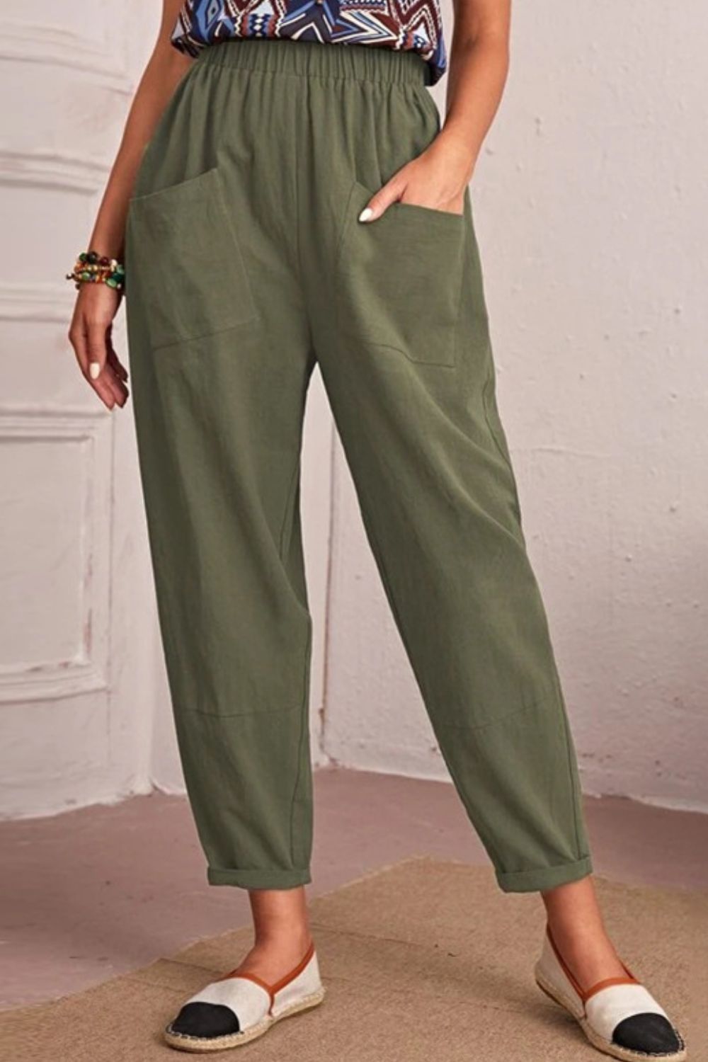 Elastic Waist Pocket Tapered Pants-Angel Casuals