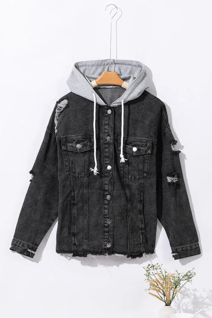 Distressed Drawstring Long Sleeve Hooded Denim Jacket-Angel Casuals