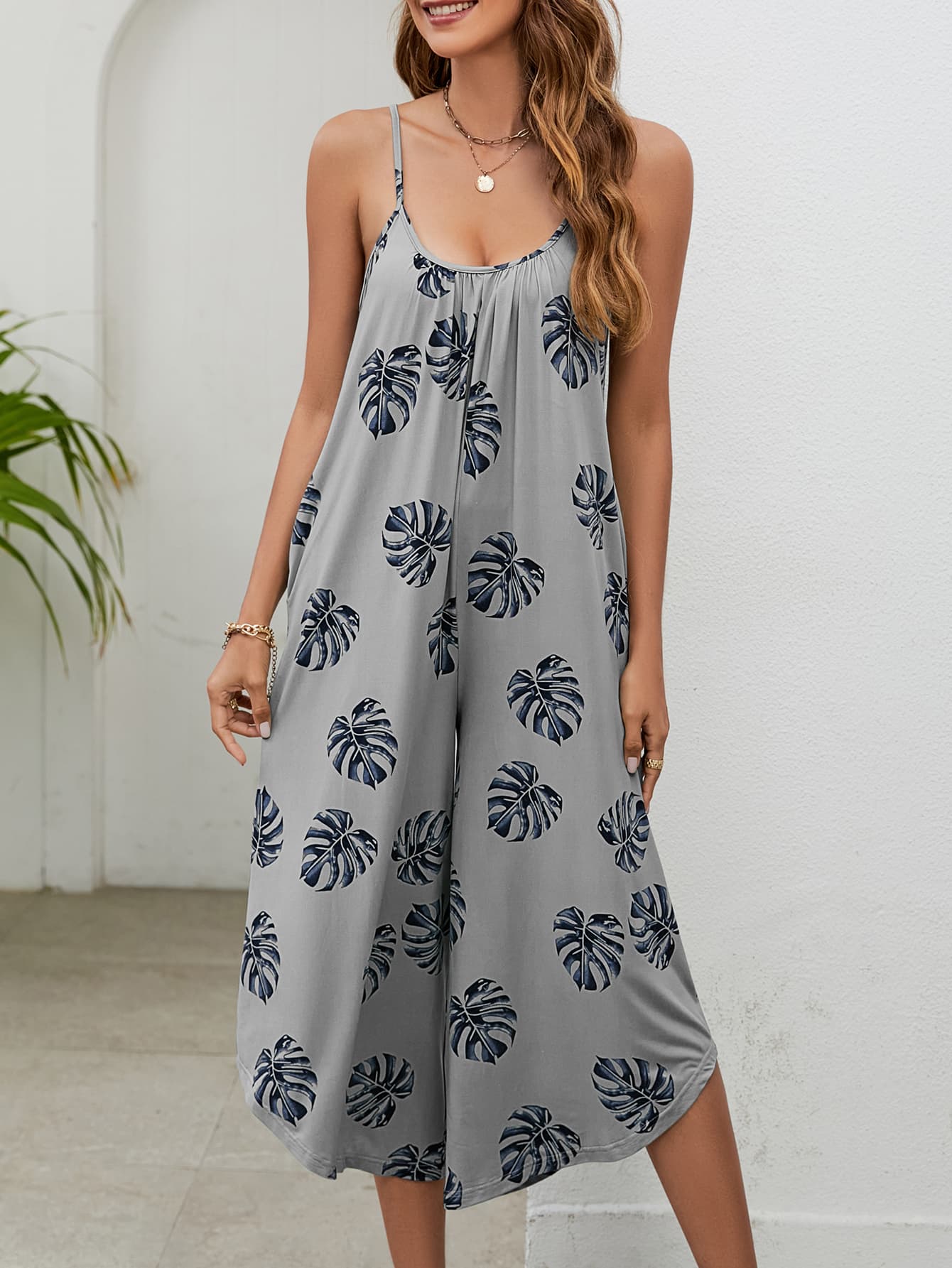 Botanical Print Spaghetti Strap Scoop Neck Jumpsuit-Angel Casuals