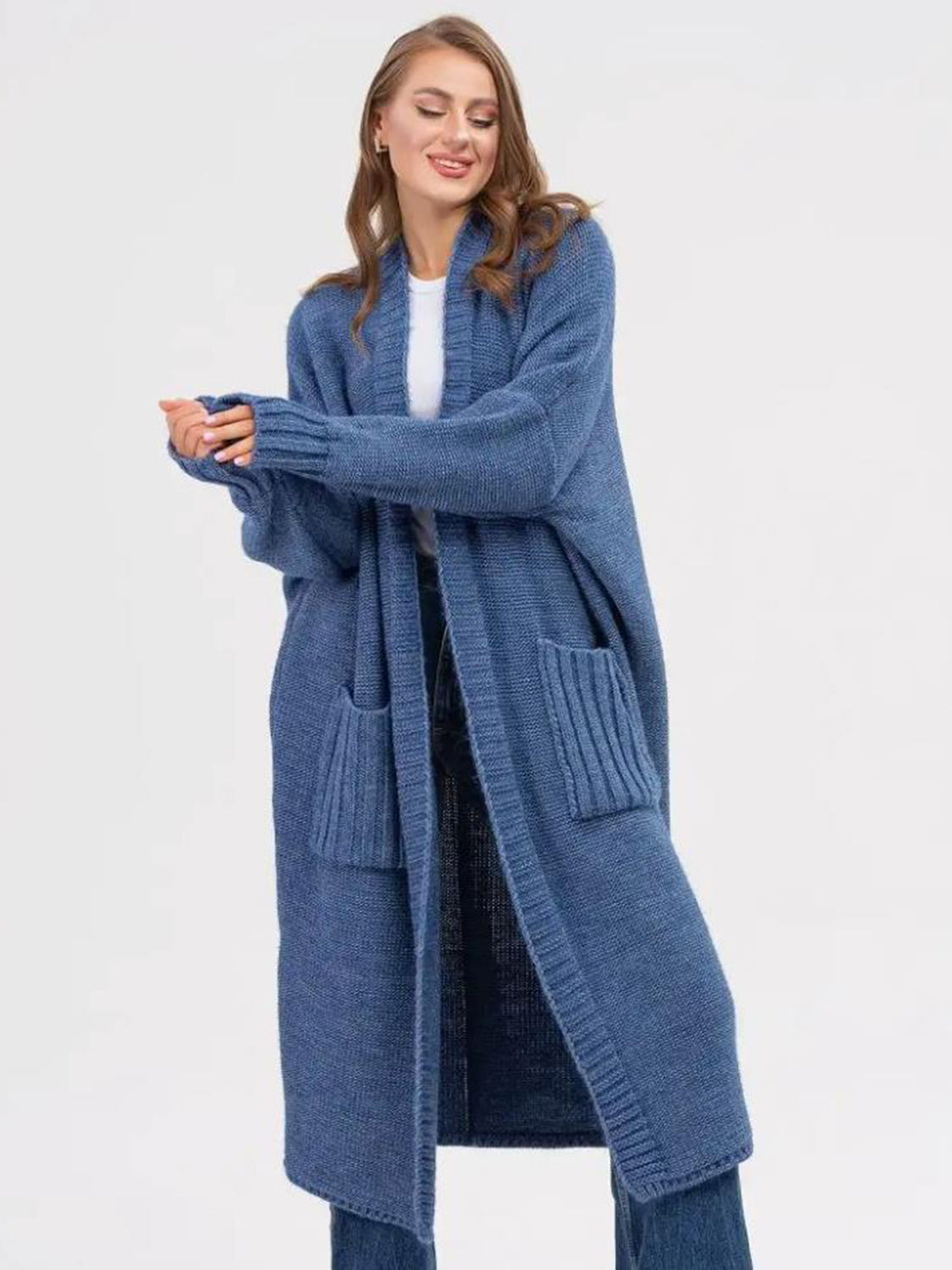 Pocketed Open Front Long Sleeve Longline Cardigan-Angel Casuals