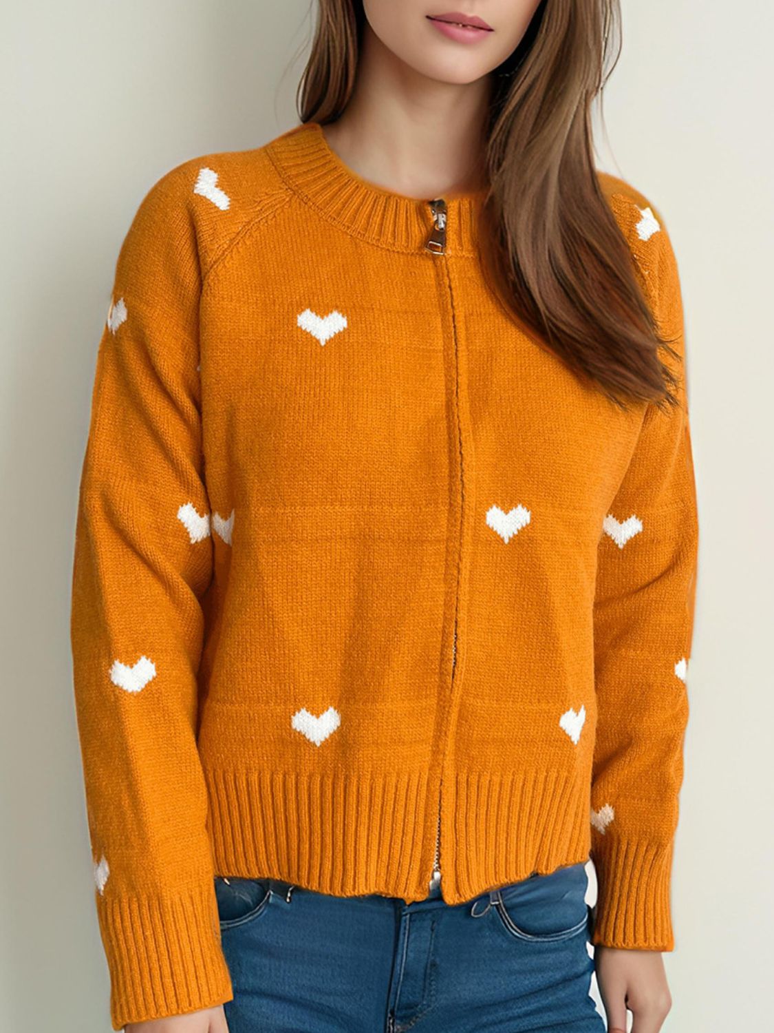 Heart Round Neck Zip Up Cardigan-Angel Casuals