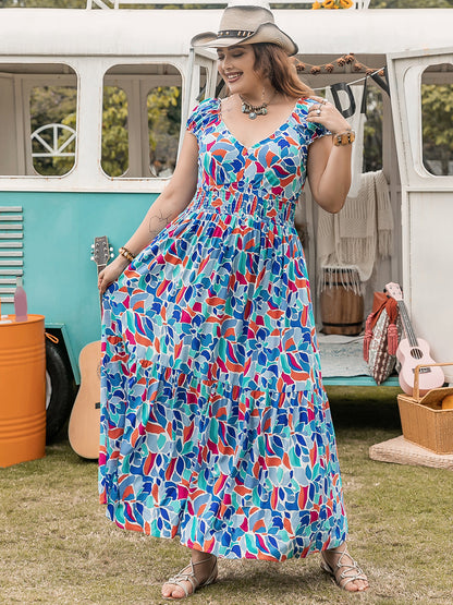 Plus Size Printed Cap Sleeve Dress-Angel Casuals