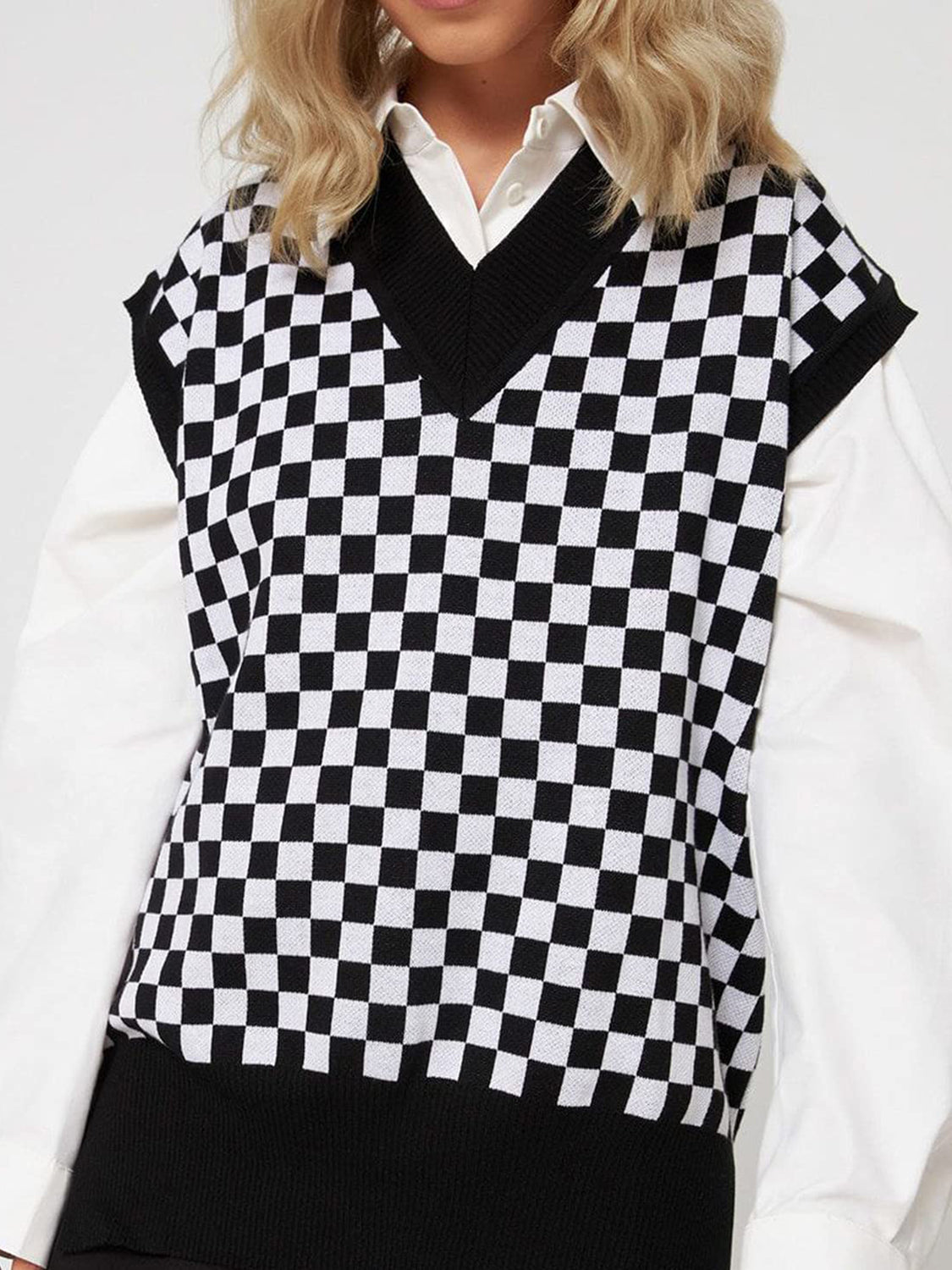 Full Size Checkered V-Neck Cap Sleeve Sweater-Angel Casuals