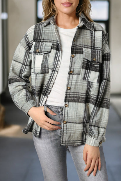 Double Take Plaid Dropped Shoulder Shacket-Angel Casuals