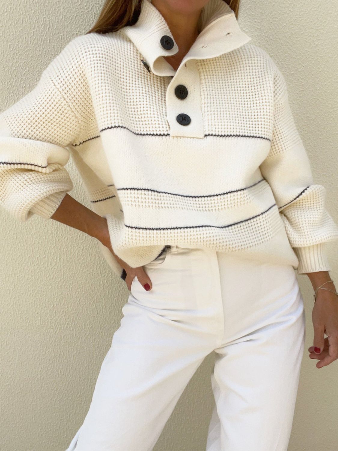 Waffle-Knit Half Button Long Sleeve Sweater-Angel Casuals