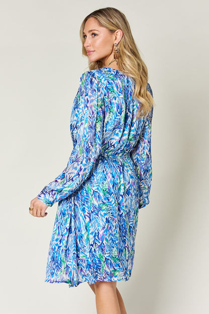 Double Take Full Size Printed Drawstring Waist Long Sleeve Dress-Angel Casuals