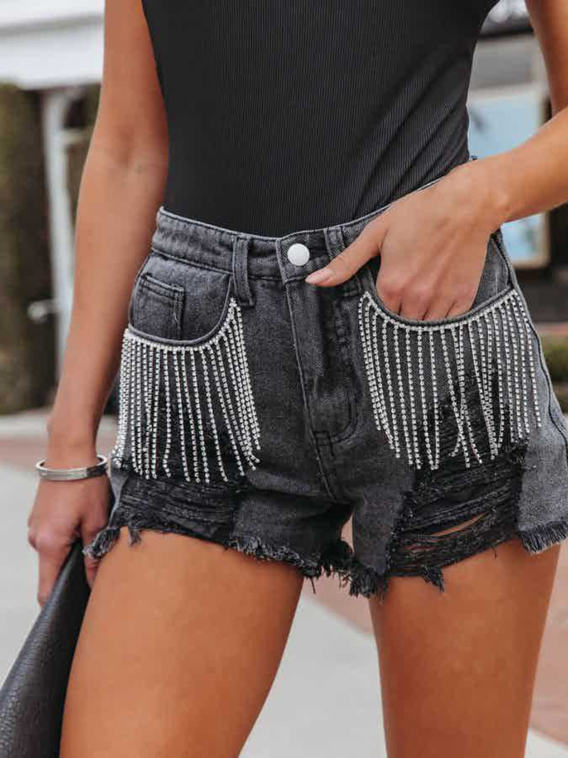 Distressed Fringe Denim Shorts with Pockets-Angel Casuals