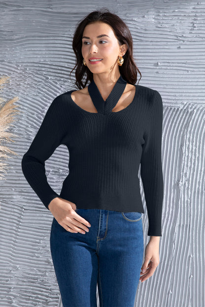 Halter Neck Long Sleeve Sweater-Angel Casuals