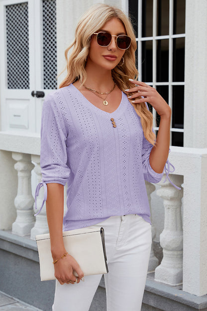 Eyelet Drawstring V-Neck Half Sleeve T-Shirt-Angel Casuals