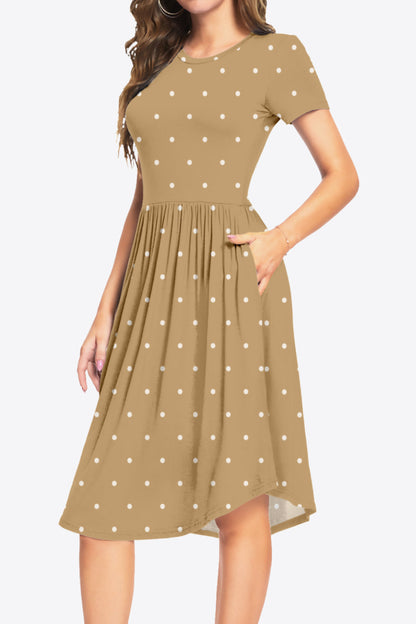 Printed Round Neck Short Sleeve Dress with Pockets-Angel Casuals