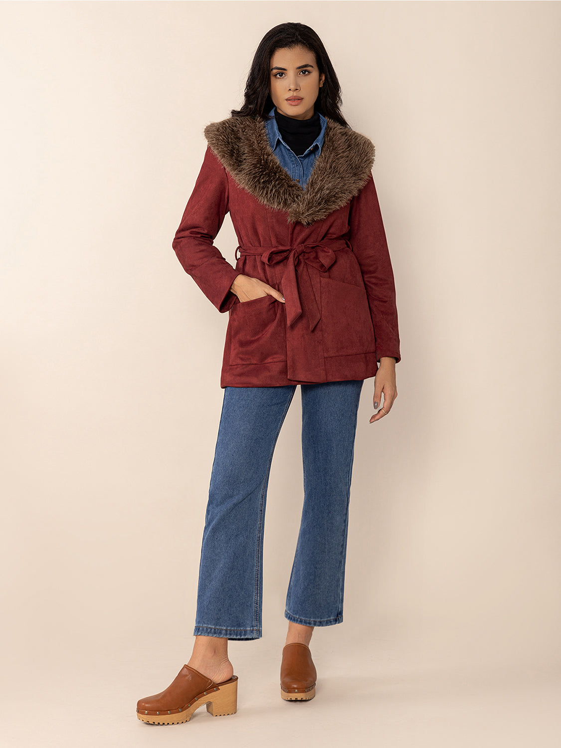 Fuzzy Collared Neck Tie Waist Jacket-Angel Casuals