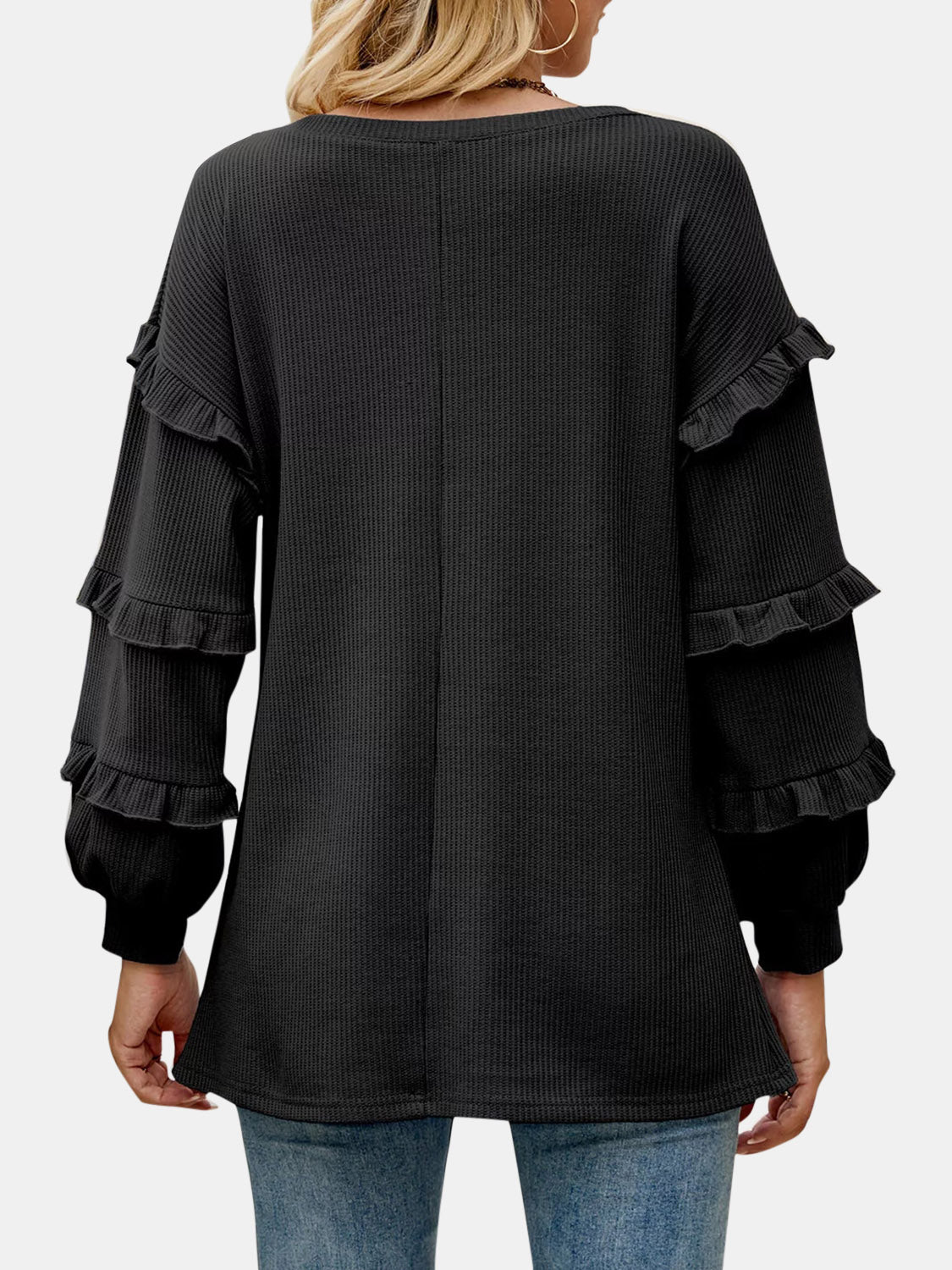 Ruffled V-Neck Long Sleeve T-Shirt-Angel Casuals