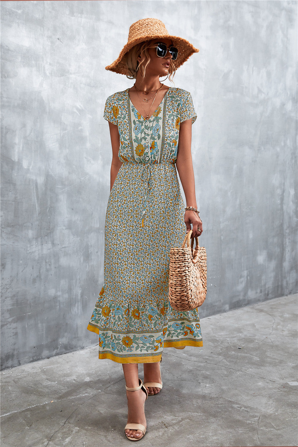 V-Neck Short Sleeve Printed Maxi Dress-Angel Casuals