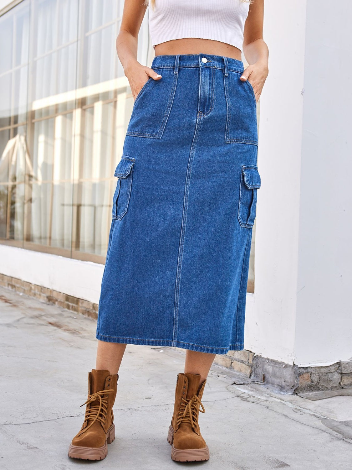 Slit Midi Denim Skirt with Pockets-Angel Casuals