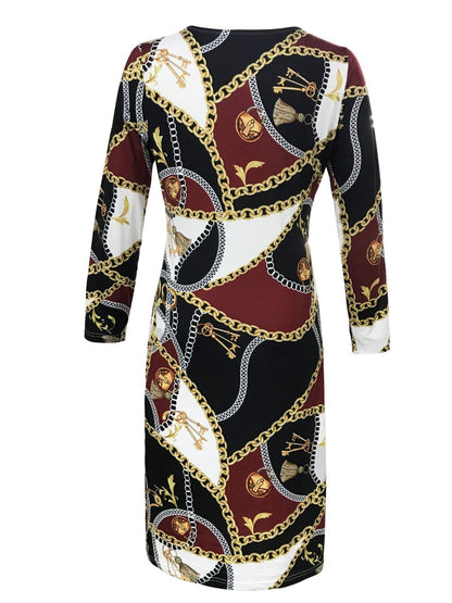 Printed Round Neck Long Sleeve Midi Dress-Angel Casuals