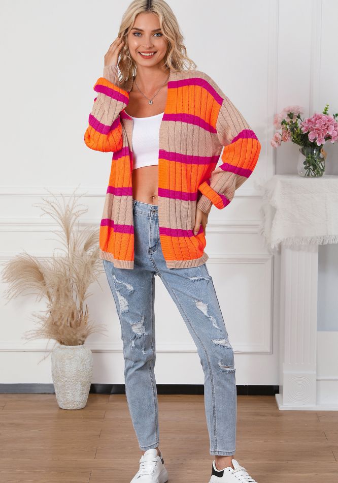 Contrast Striped Drop Shoulder Open Front Cardigan-Angel Casuals