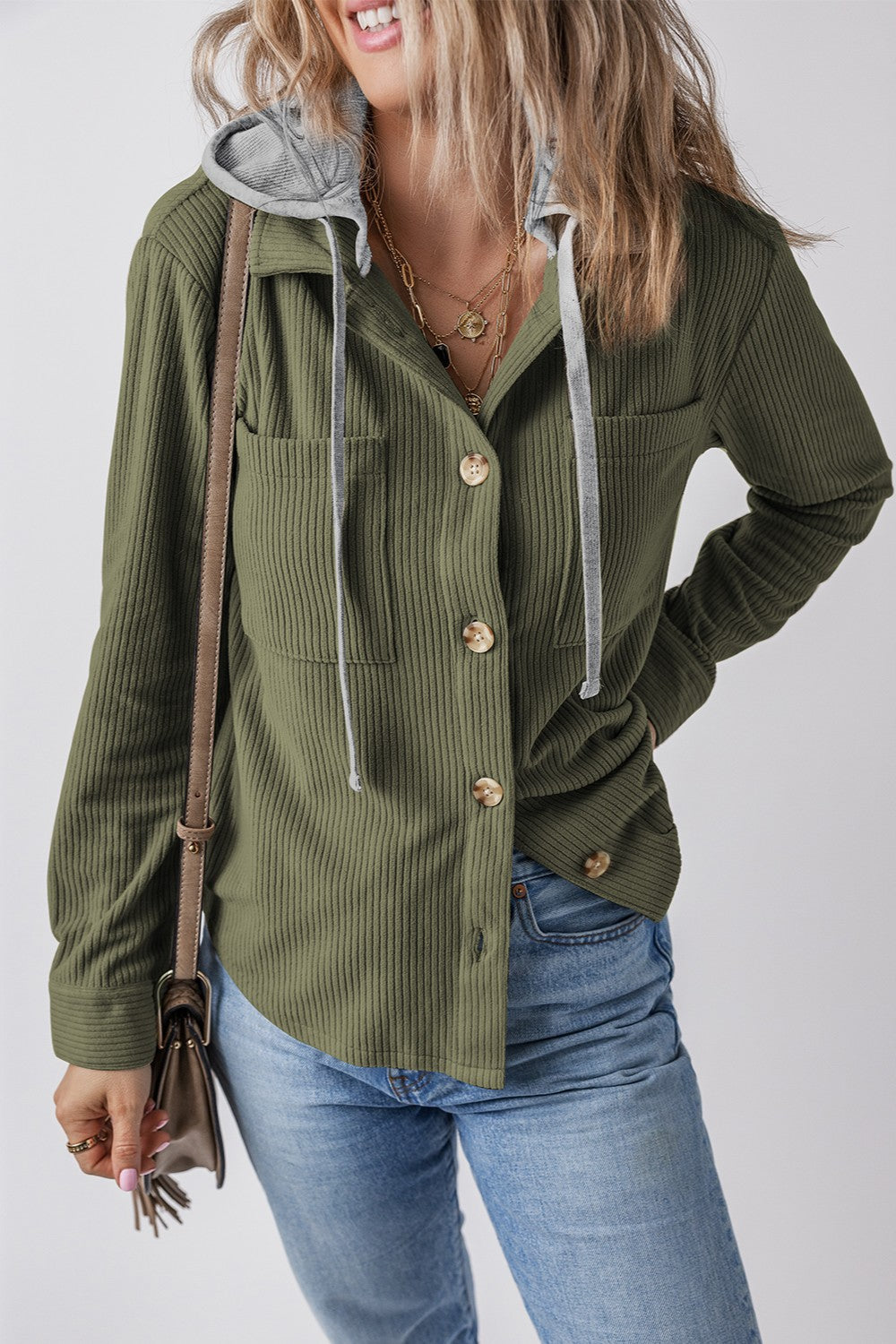 Drawstring Button Up Long Sleeve Hooded Jacket-Angel Casuals