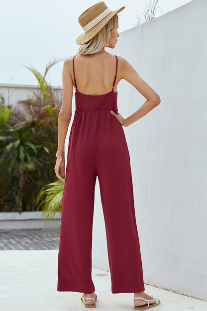 V-Neck Spaghetti Strap Wide Leg Jumpsuit-Angel Casuals