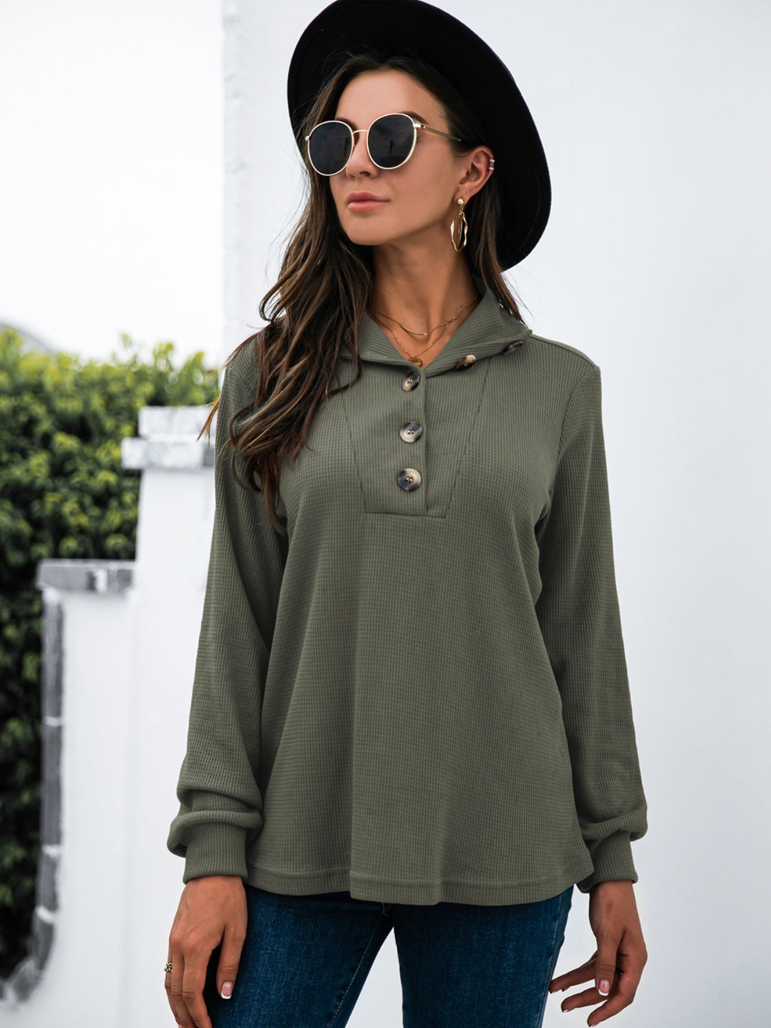 Half Button Long Sleeve T-Shirt-Angel Casuals