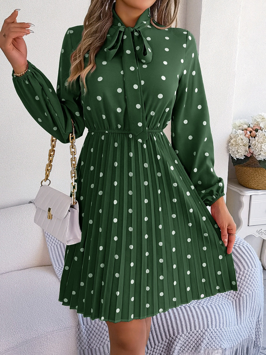 Polka Dot Tie Neck Pleated Dress-Angel Casuals