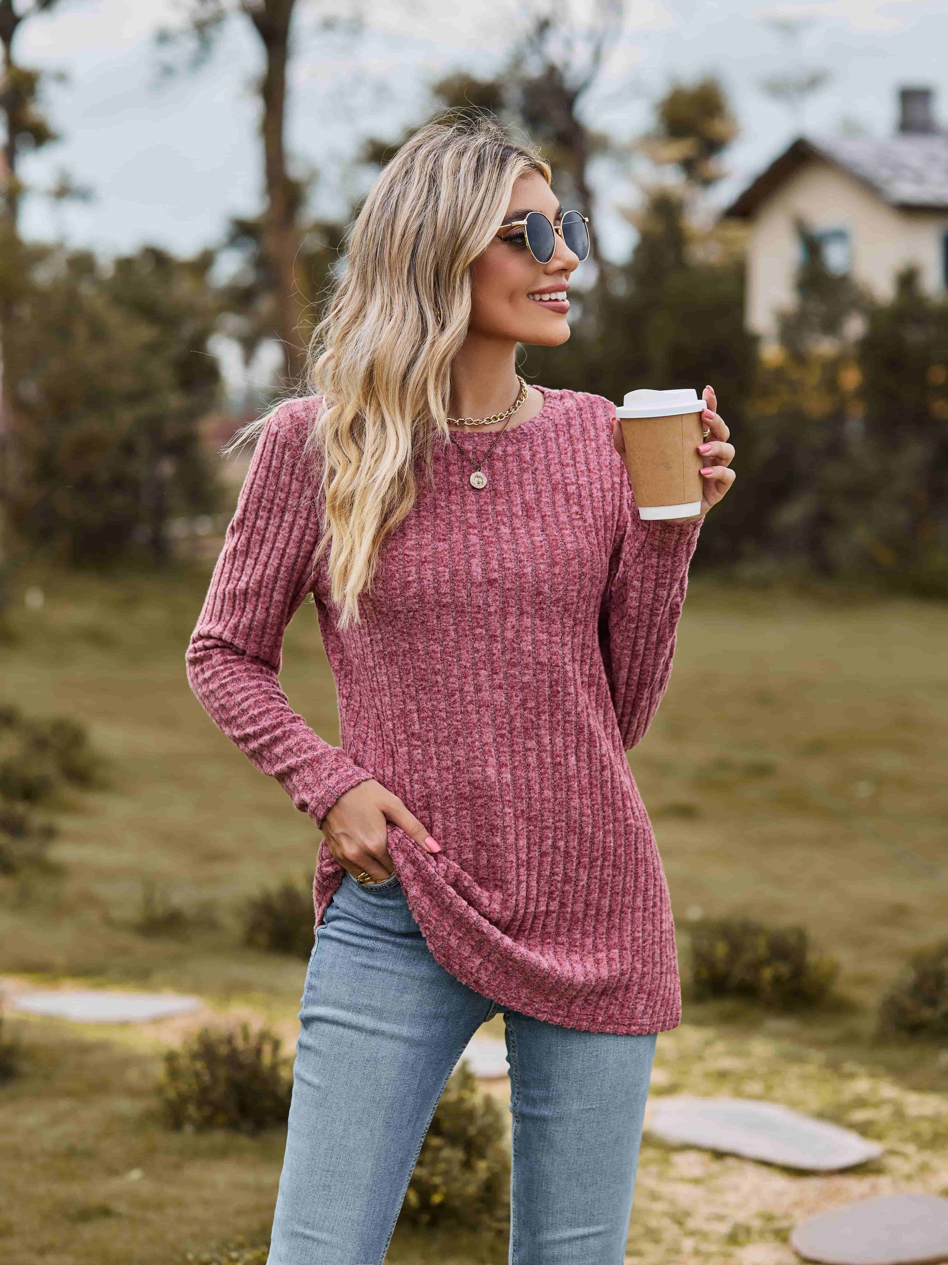 Ribbed Round Neck Long Sleeve Tee-Angel Casuals