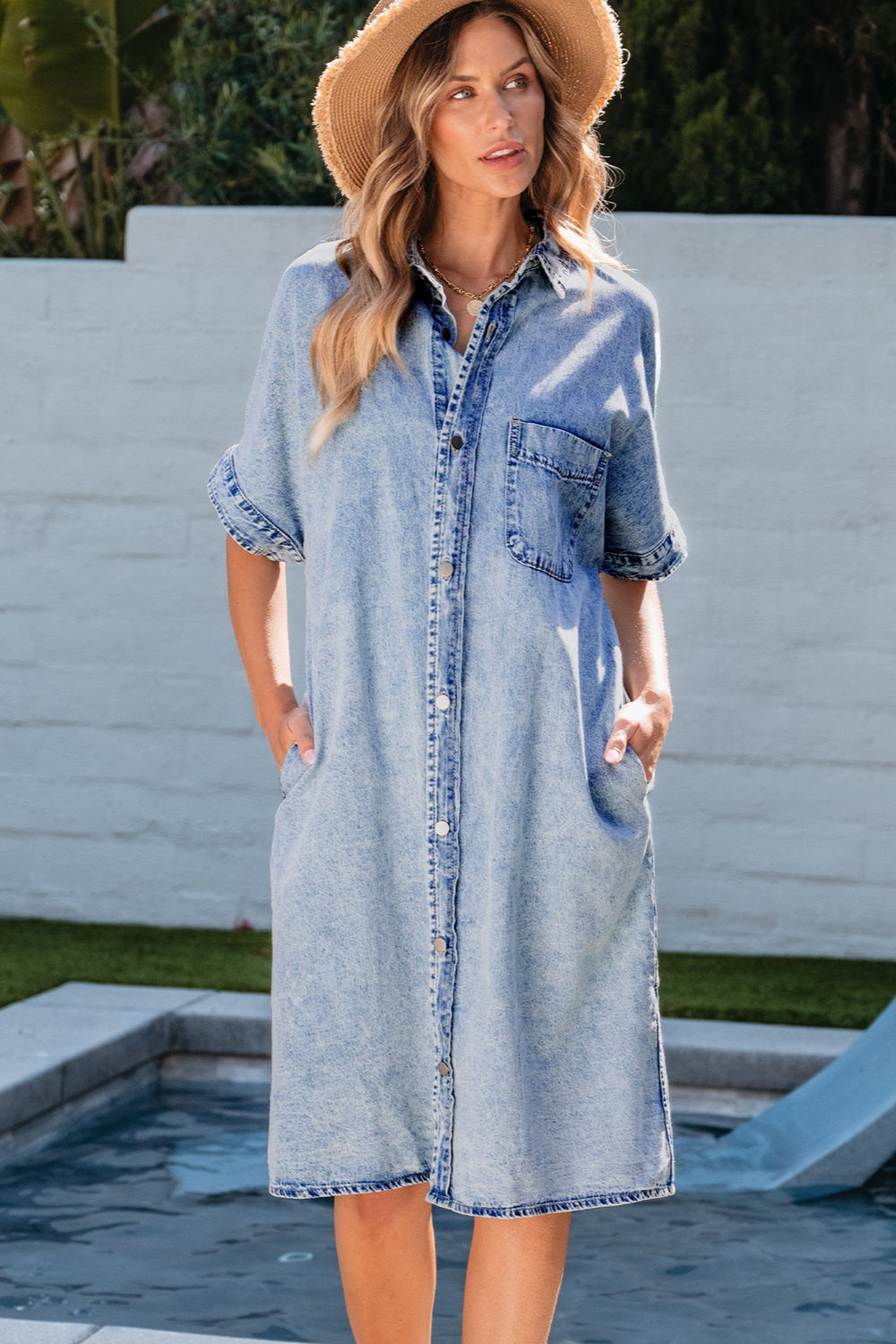 Pocketed Button Up Half Sleeve Denim Dress-Angel Casuals