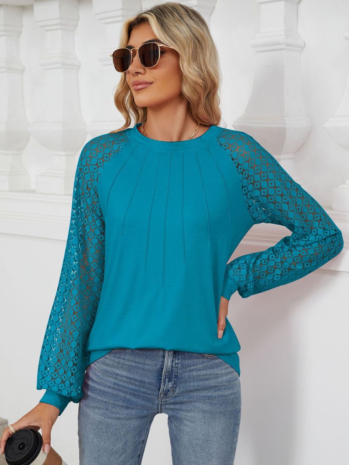 Round Neck Lace Long Sleeve Top-Angel Casuals