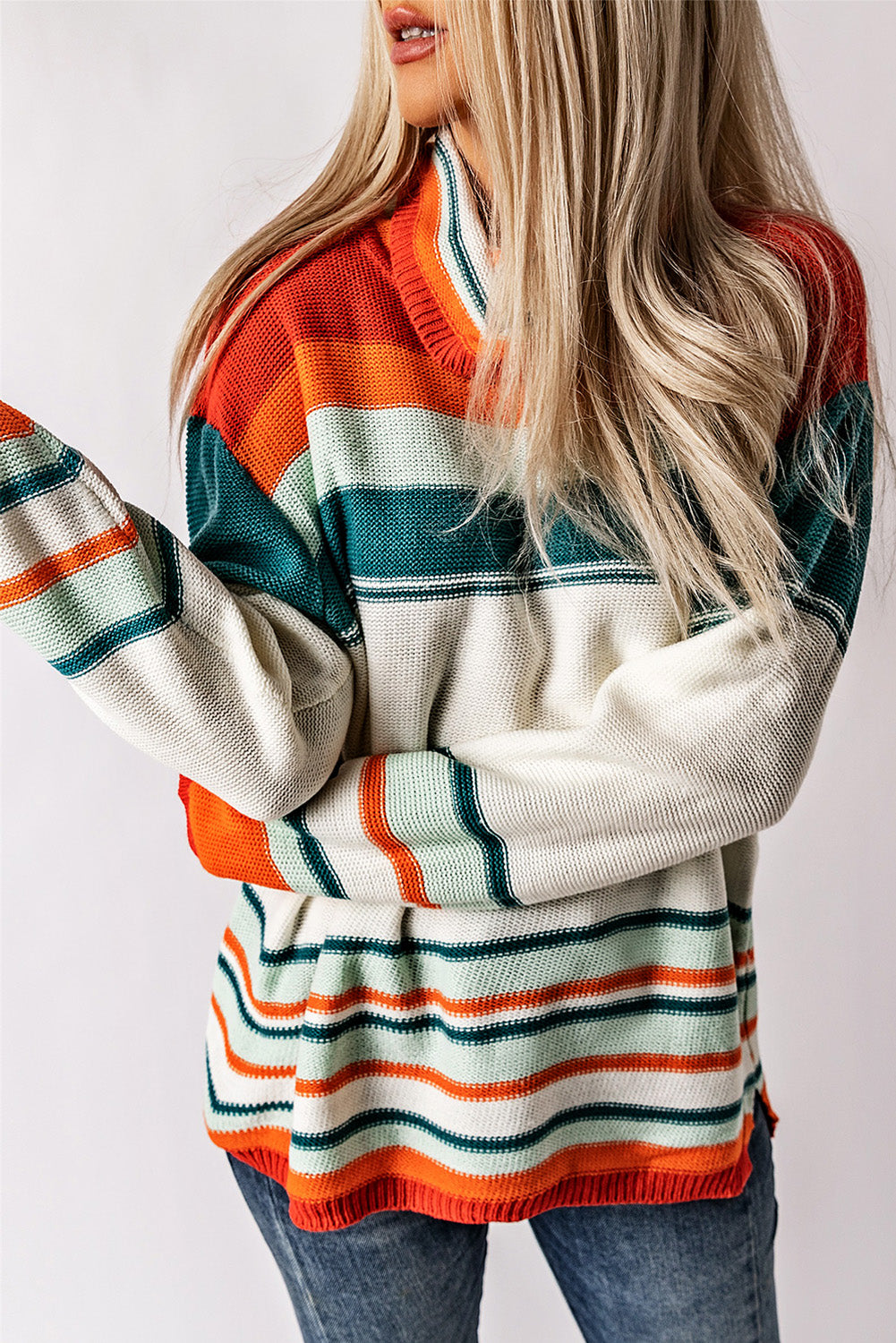 Contrast Striped Turtleneck Dropped Shoulder Sweater-Angel Casuals