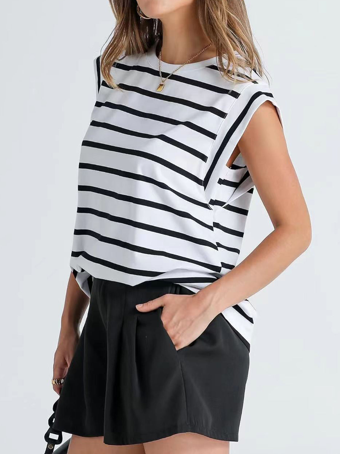 Striped Round Neck Cap Sleeve T-Shirt-Angel Casuals