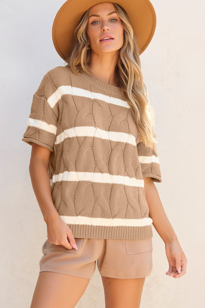 Striped Round Neck Short Sleeve Sweater-Angel Casuals