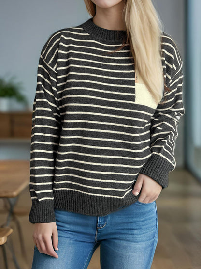 Striped Mock Neck Long Sleeve Sweater-Angel Casuals