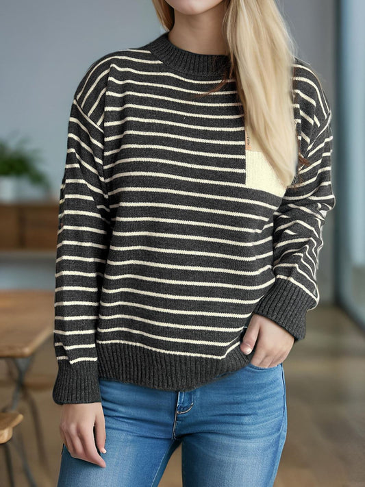 Striped Mock Neck Long Sleeve Sweater-Angel Casuals