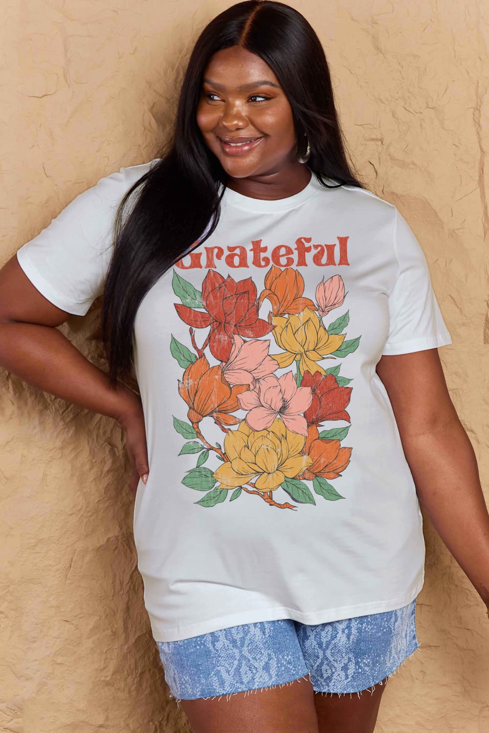 Simply Love Full Size GRATEFUL Flower Graphic Cotton T-Shirt-Angel Casuals