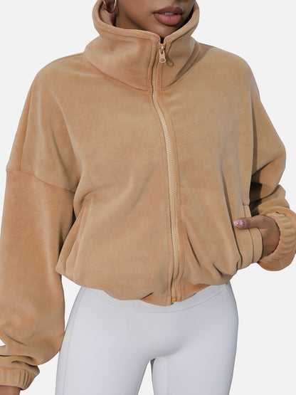 Drawstring Turtleneck Zip Up Long Sleeve Jacket-Angel Casuals