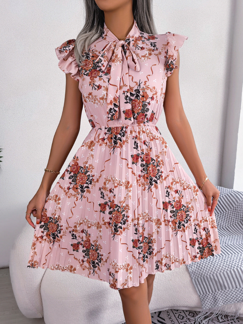 Pleated Floral Printed Tie Neck Knee Length Dress-Angel Casuals