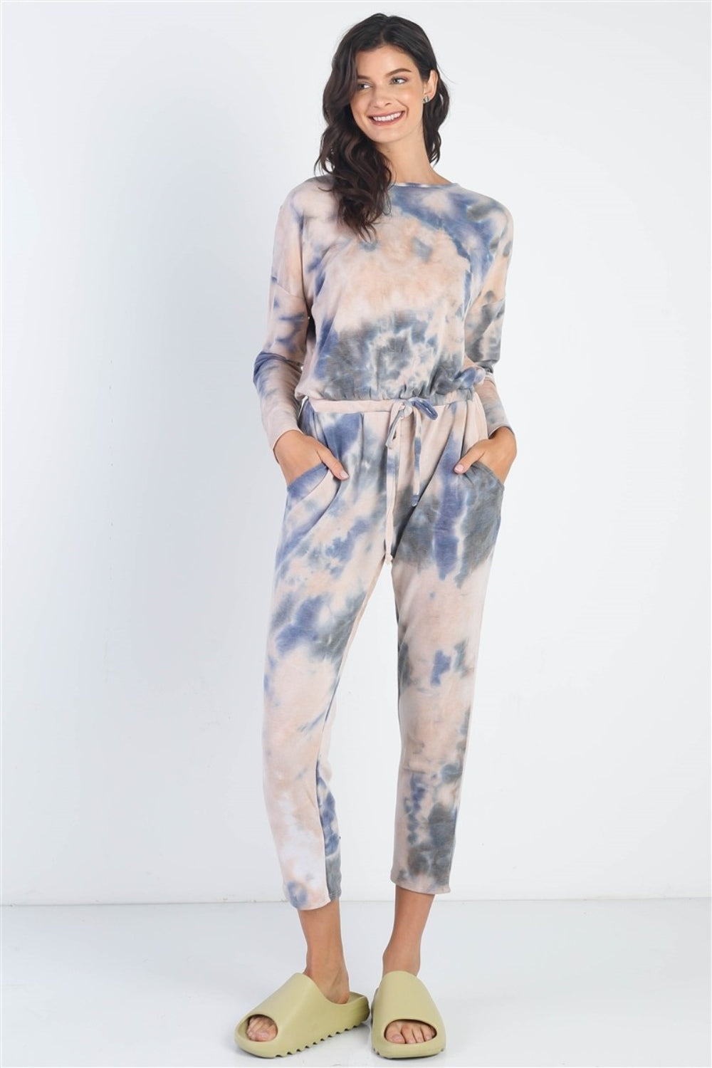 Cherish Apparel Tie-Dye Round Neck Long Sleeve Jumpsuit-Angel Casuals