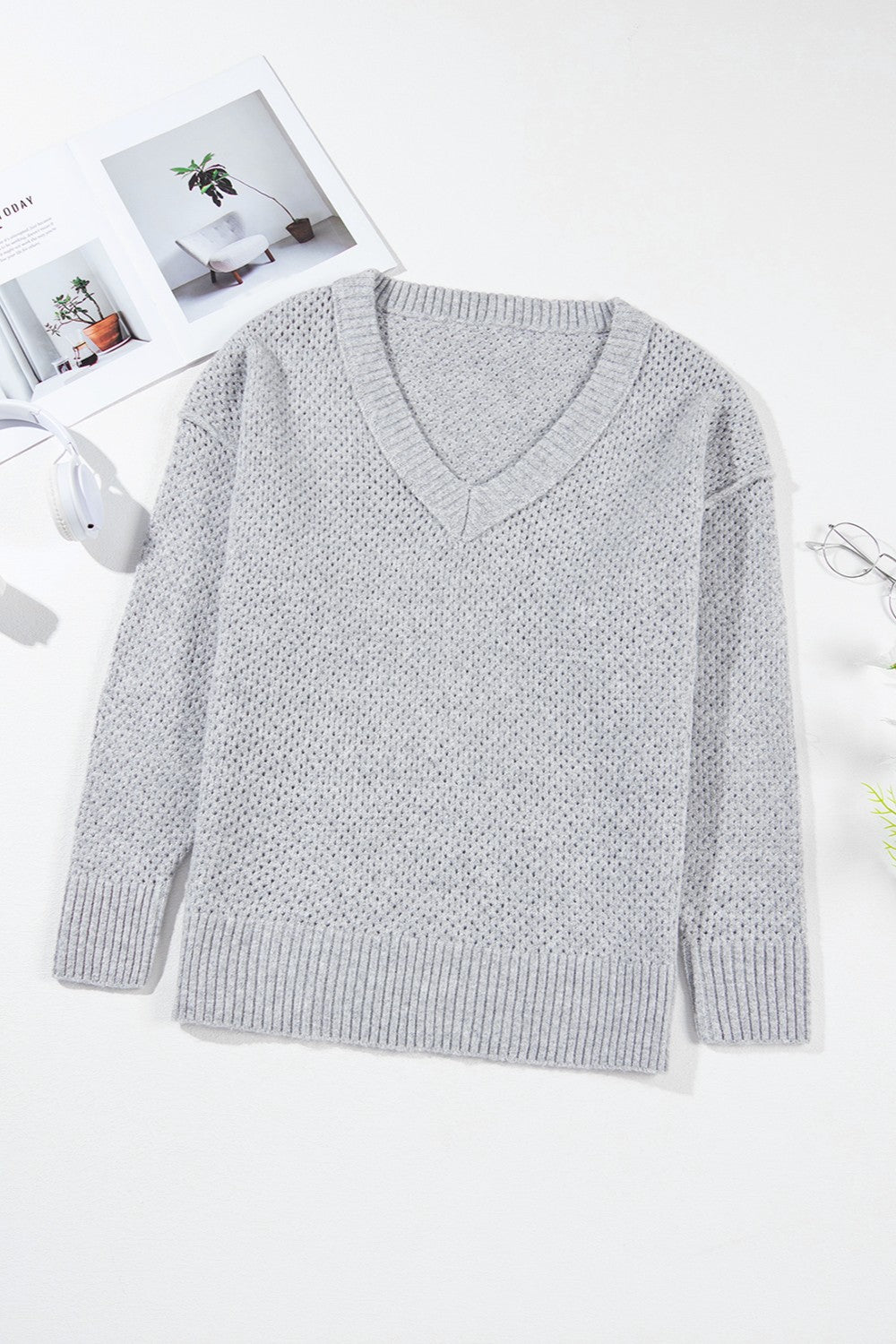 Openwork V-Neck Dropped Shoulder Sweater-Angel Casuals