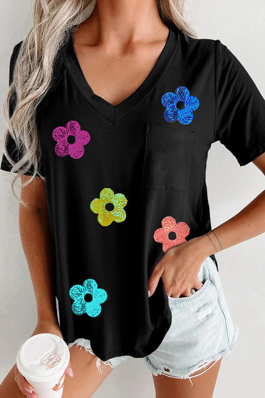 Sequin Flower V-Neck Short Sleeve T-Shirt-Angel Casuals