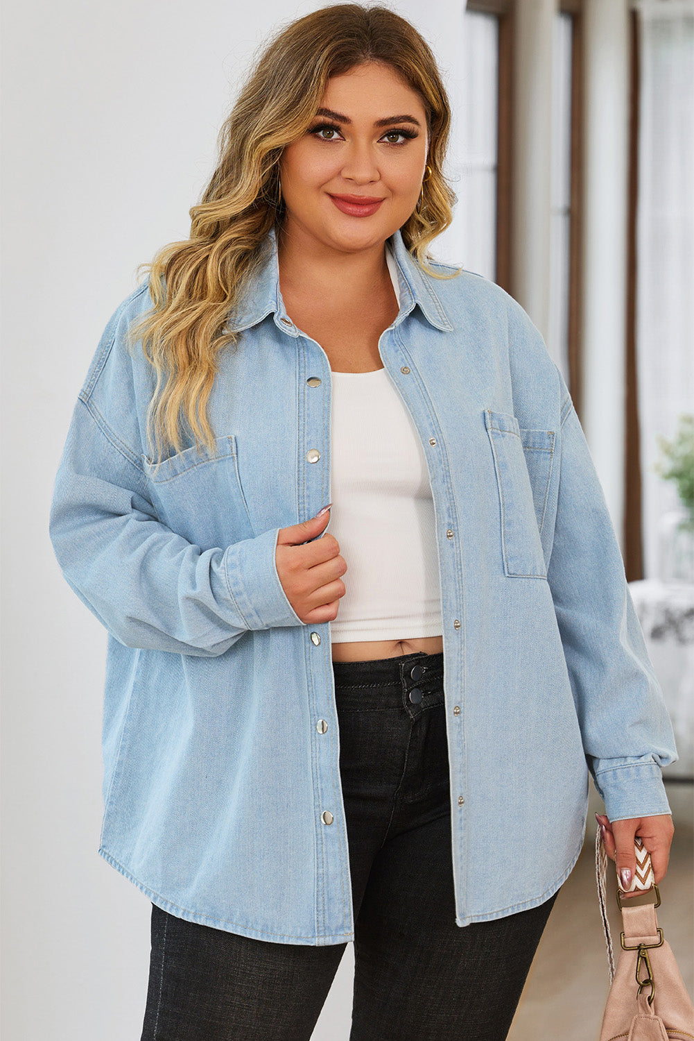 Plus Size Snap Down Pocketed Denim Jacket-Angel Casuals