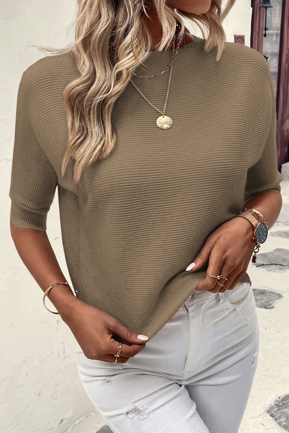 Round Neck Half Sleeve Knit Top-Angel Casuals