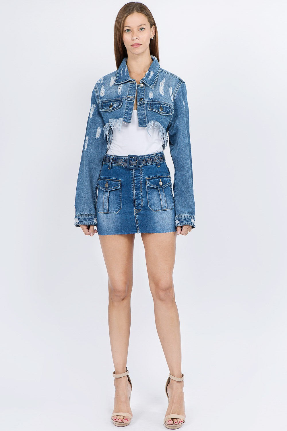 American Bazi Distressed Denim Jacket with Frayed Hem-Angel Casuals