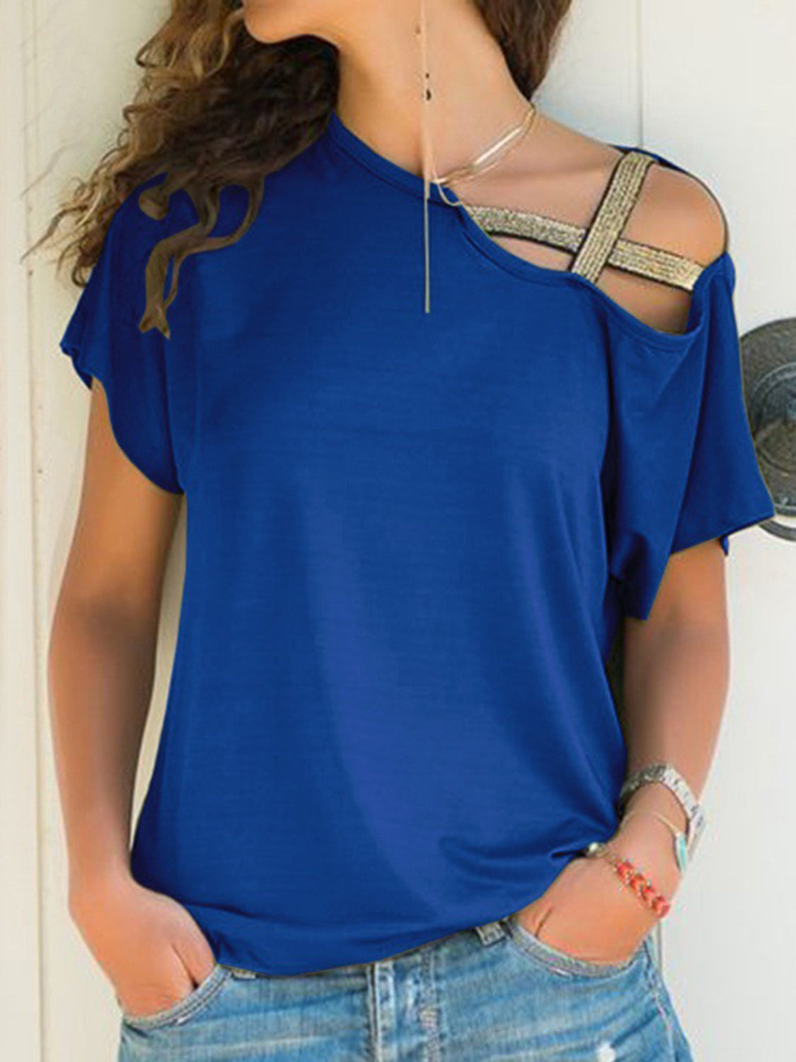 Asymmetrical Neck Short Sleeve T-Shirt-Angel Casuals
