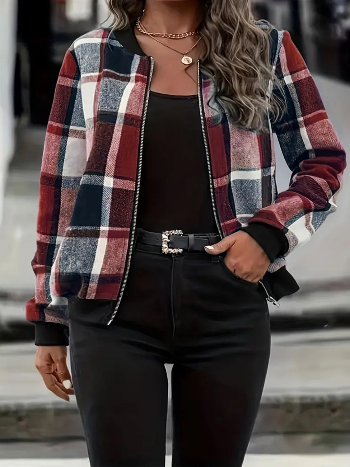 Plus Size Plaid Baseball Collar Zip Up Jacket-Angel Casuals