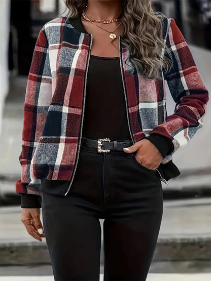 Plus Size Plaid Baseball Collar Zip Up Jacket-Angel Casuals
